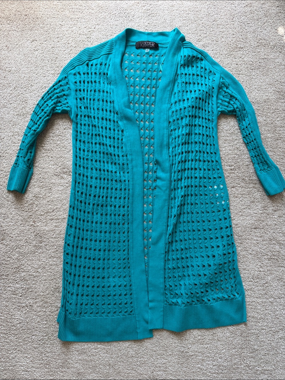 Kasper Teal Open-Weave Long Cardigan